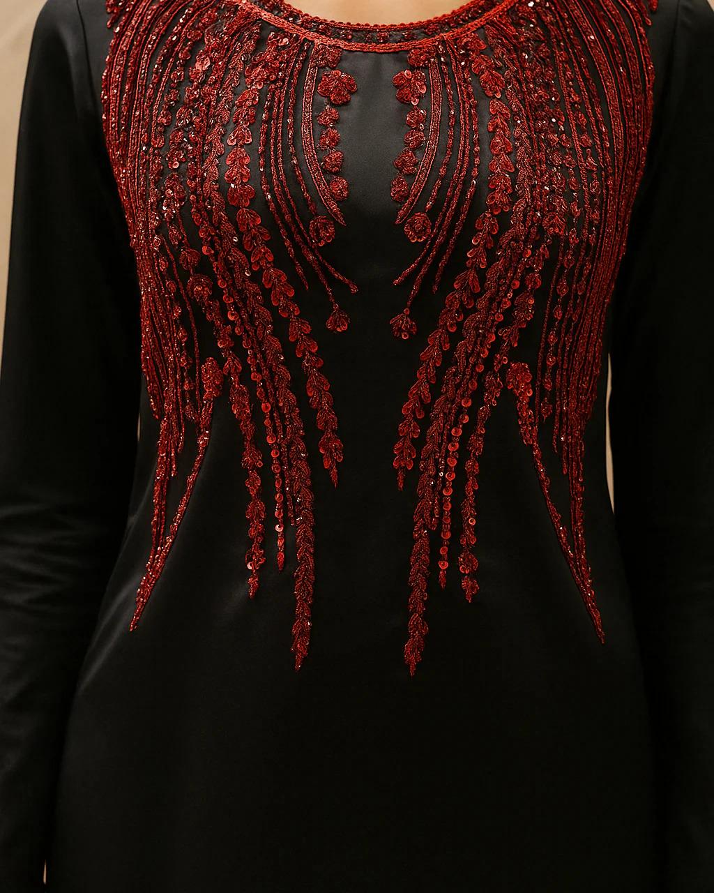Elegant Embroidered Black Silk Party Dress with Hand‑Embellished Neck Design